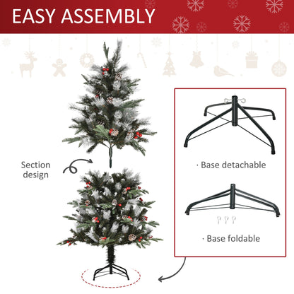 5FT Artificial Snow Dipped Christmas Tree Xmas Pencil Tree with Foldable Feet Red Berries White Pinecones
