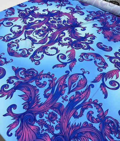 Purple and Blue Baroque Pattern Fabric – Custom Printed Fabric, Choose Material by Metre