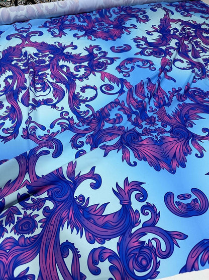 Purple and Blue Baroque Pattern Fabric – Custom Printed Fabric, Choose Material by Metre