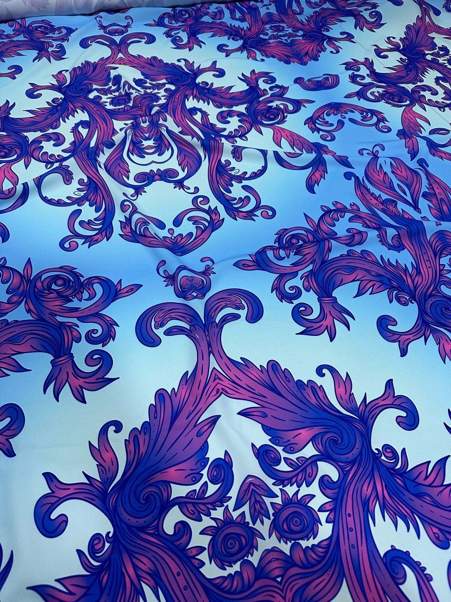 Purple and Blue Baroque Pattern Fabric – Custom Printed Fabric, Choose Material by Metre