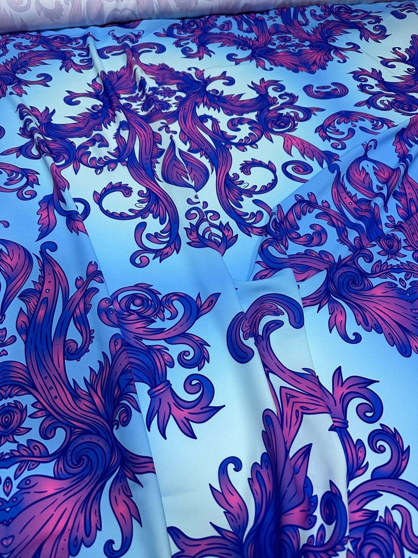 Purple and Blue Baroque Pattern Fabric – Custom Printed Fabric, Choose Material by Metre