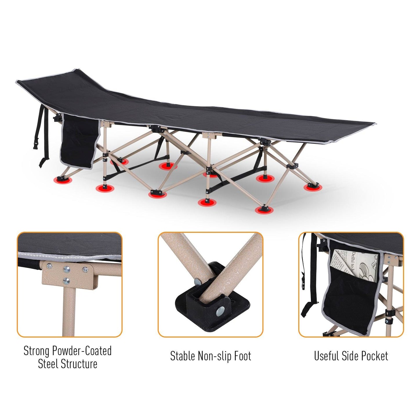 Single Person Camping Bed Folding Cot Outdoor Patio Portable Military Sleeping Bed Travel Guest Leisure Fishing With Side Pocket And Carry Bag - Black