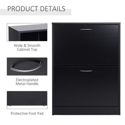 Shoe Cabinet Storage Cupboard 2-Tier Wood Tipping Bucket Modern Hall Organizer With Drawer Adjustable Shelf Large-Capacity Black