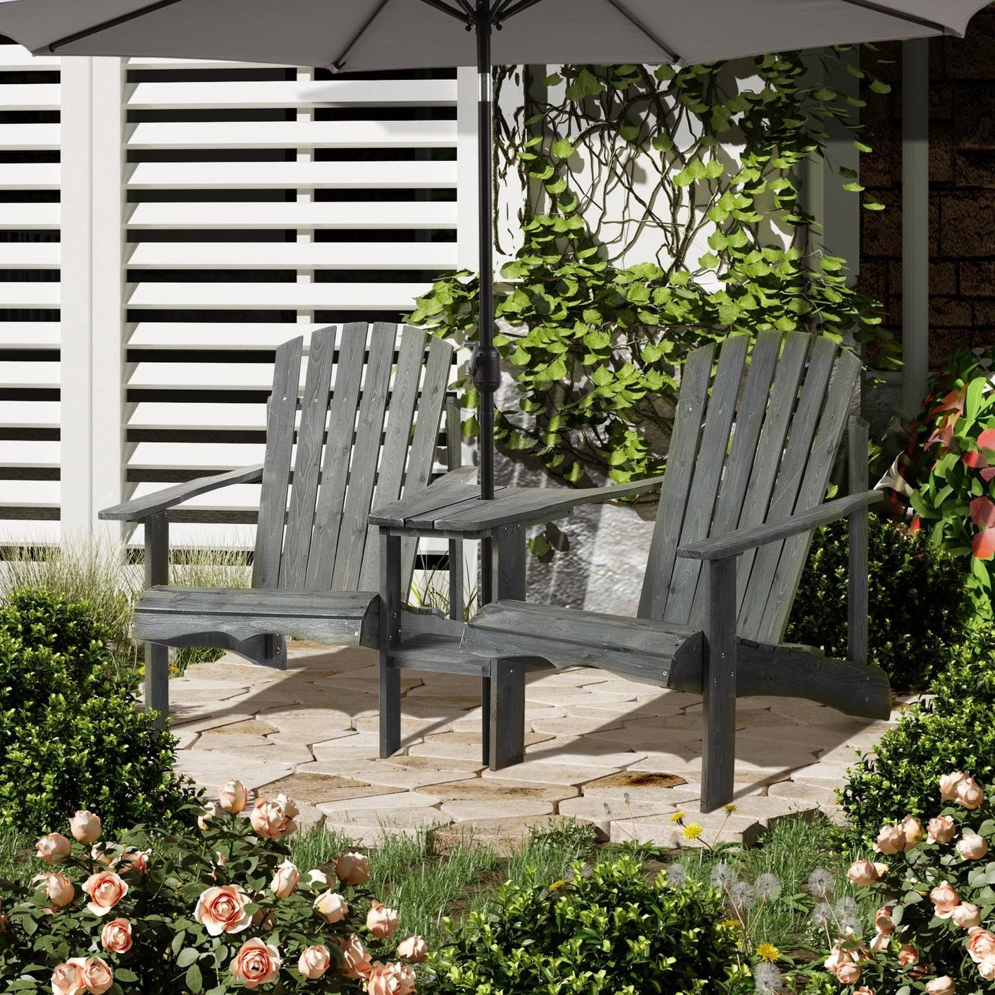 Outsunny Wooden Outdoor Double Adirondack Chairs Loveseat W/ Centre Table And Umbrella Hole