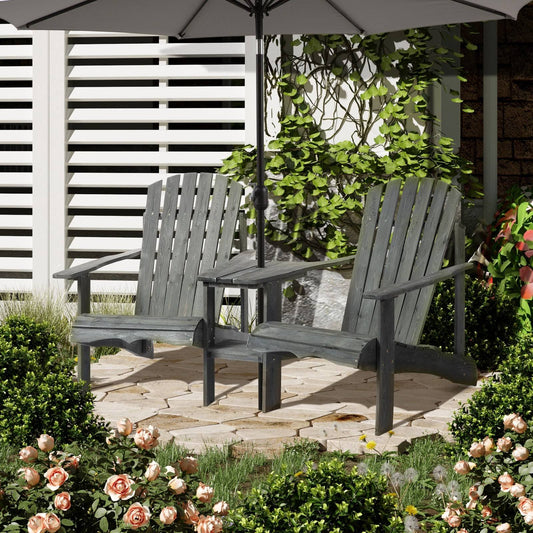 Outsunny Wooden Outdoor Double Adirondack Chairs Loveseat W/ Centre Table And Umbrella Hole