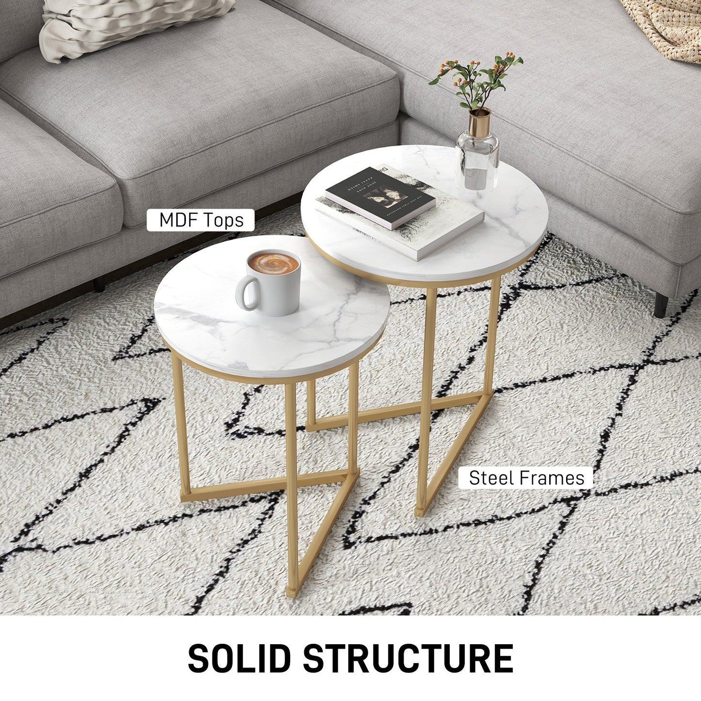 HOMCOM Nesting Coffee Table Set of 2 with Metal Frame, Gold Tone