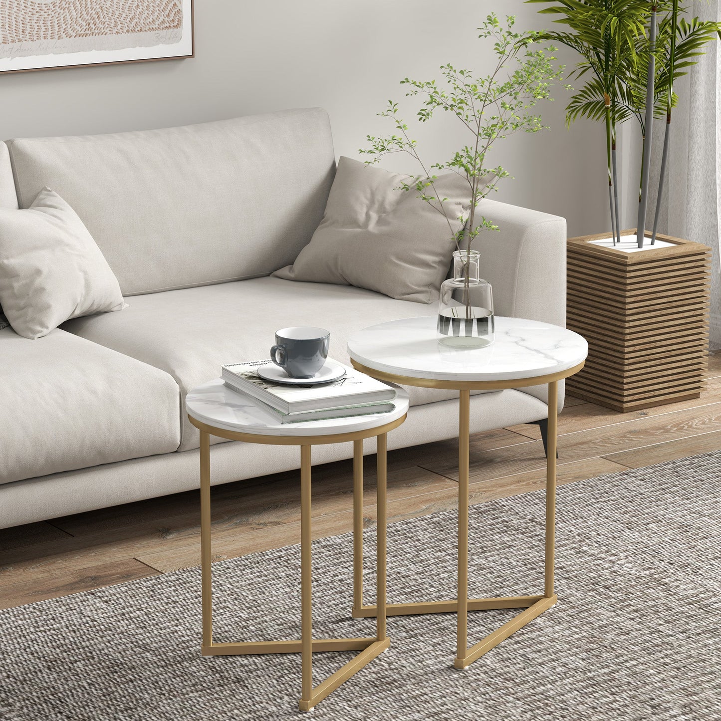 HOMCOM Nesting Coffee Table Set of 2 with Metal Frame, Gold Tone