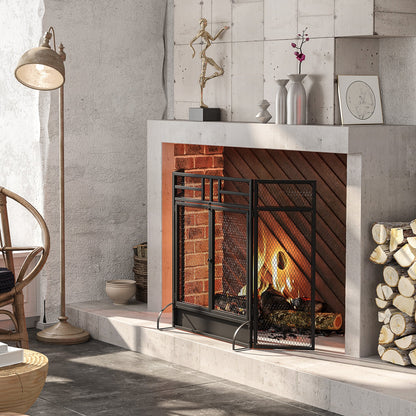 Homcom 3-Panel Metal Mesh Folding Fireplace Screen With Door Freestanding Spark Guard