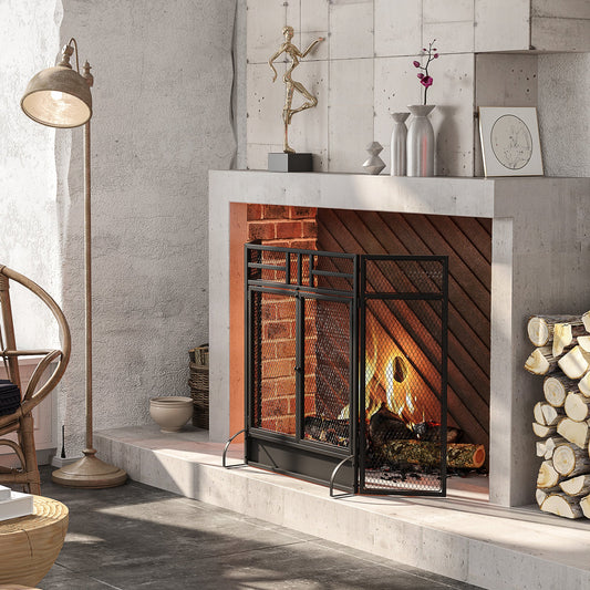 Homcom 3-Panel Metal Mesh Folding Fireplace Screen With Door Freestanding Spark Guard