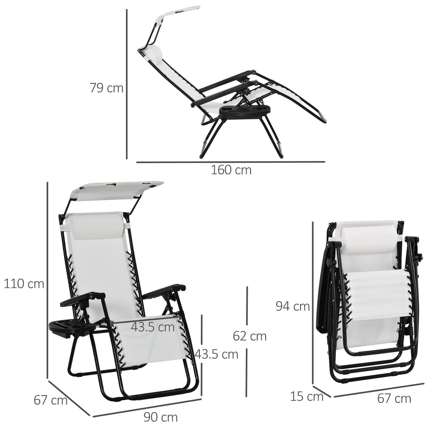 Zero Gravity Garden Folding Patio Sun Lounger w/Cup Holder & Canopy Shade White