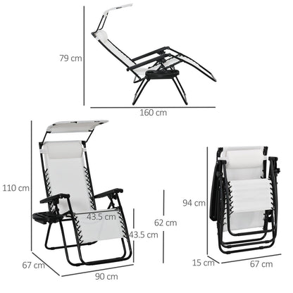 Zero Gravity Garden Folding Patio Sun Lounger w/Cup Holder & Canopy Shade White