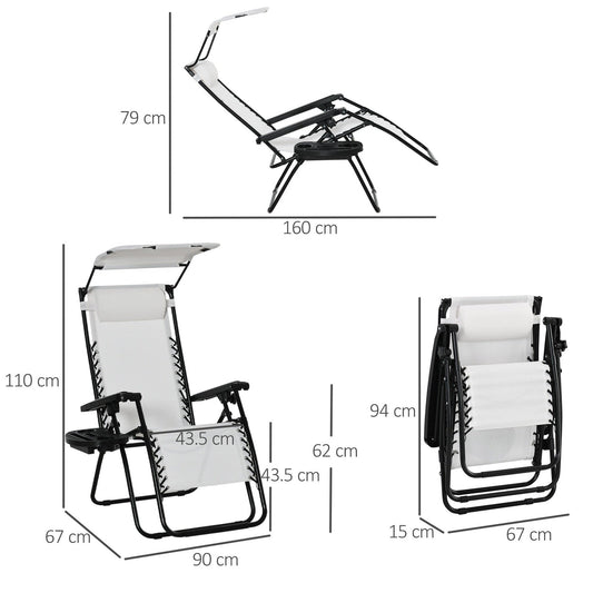 Zero Gravity Garden Folding Patio Sun Lounger w/Cup Holder & Canopy Shade White