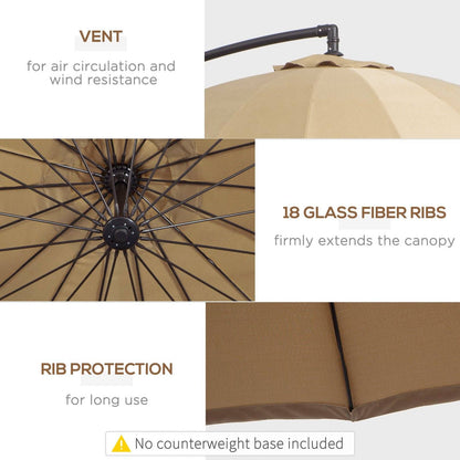 3M Cantilever Umbrella 18 Ribs & Vents Adjustable Angle for Patio Khaki
