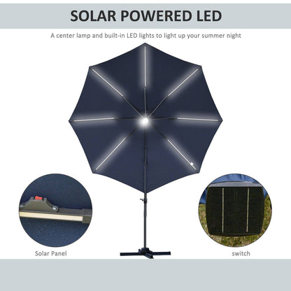 3M LED Cantilever Parasol Outdoor Sun Umbrella w/ Base Solar Lights Blue