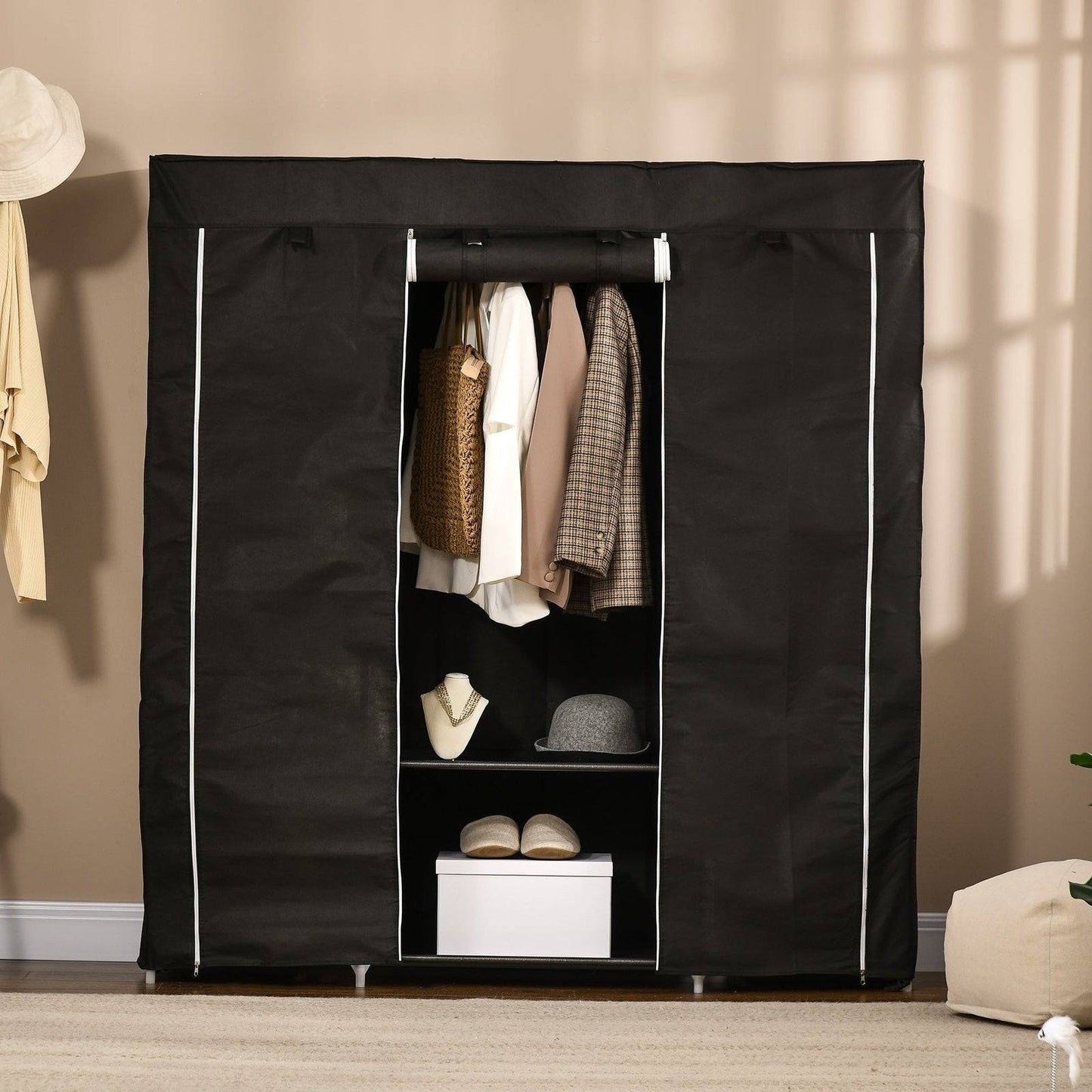 Fabric Wardrobe Portable Wardrobe With 10 Shelves 1 Hanging Rail Foldable Closets 150 X 43 X 162.5 cm Black