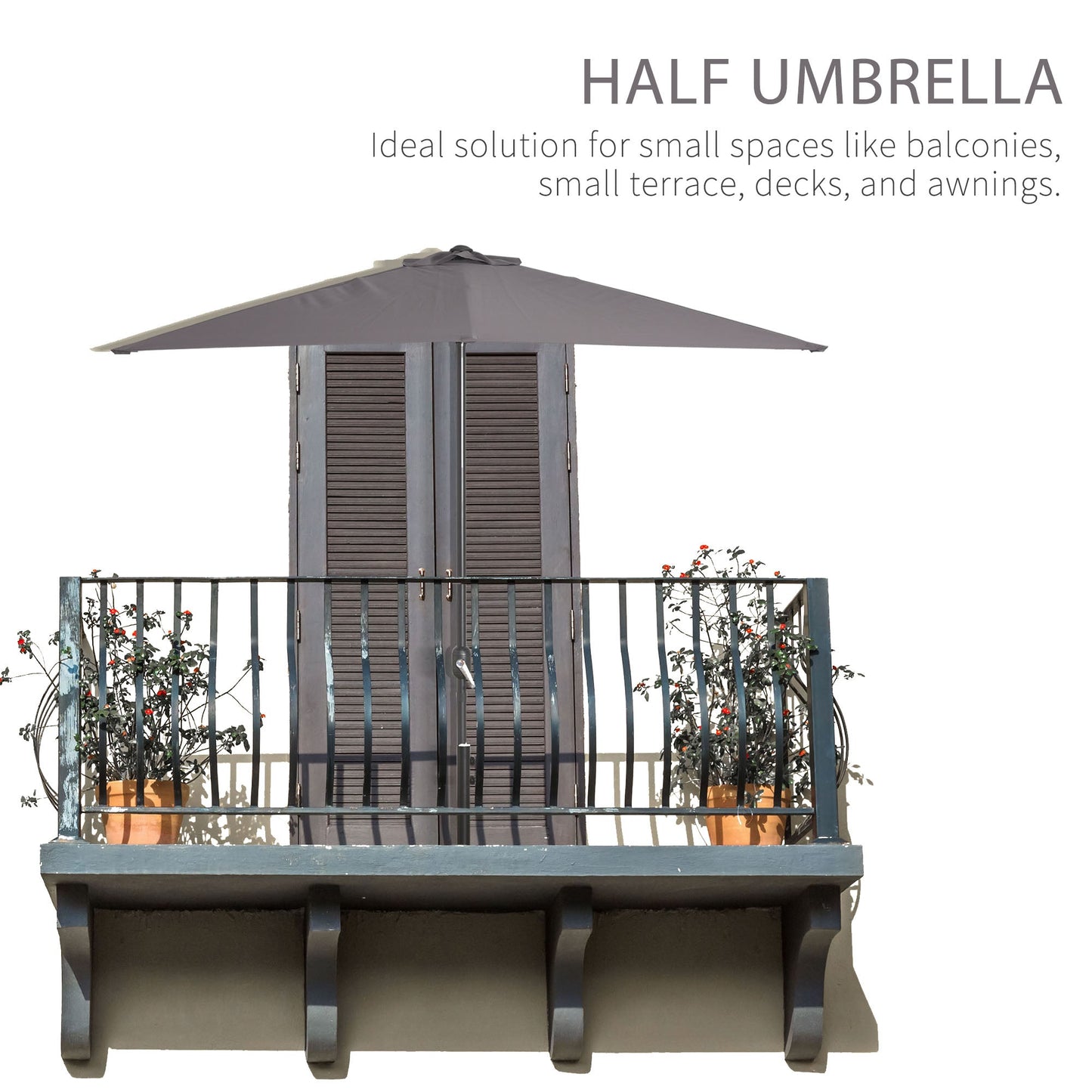 2.3m Half Round Parasol Umbrella Balcony Sun Shade Metal Grey