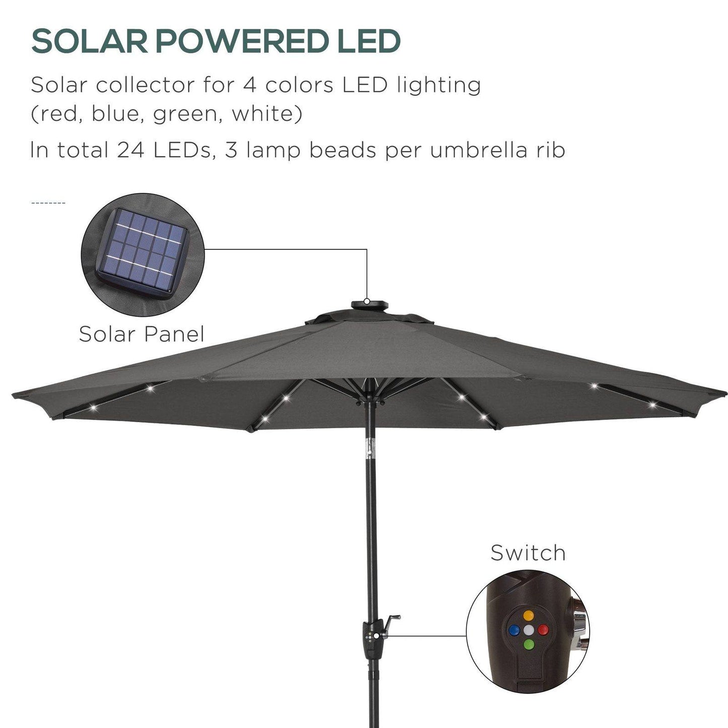 Garden Parasol Outdoor Tilt Sun Umbrella Patio 24 LED Light Hand Crank Grey