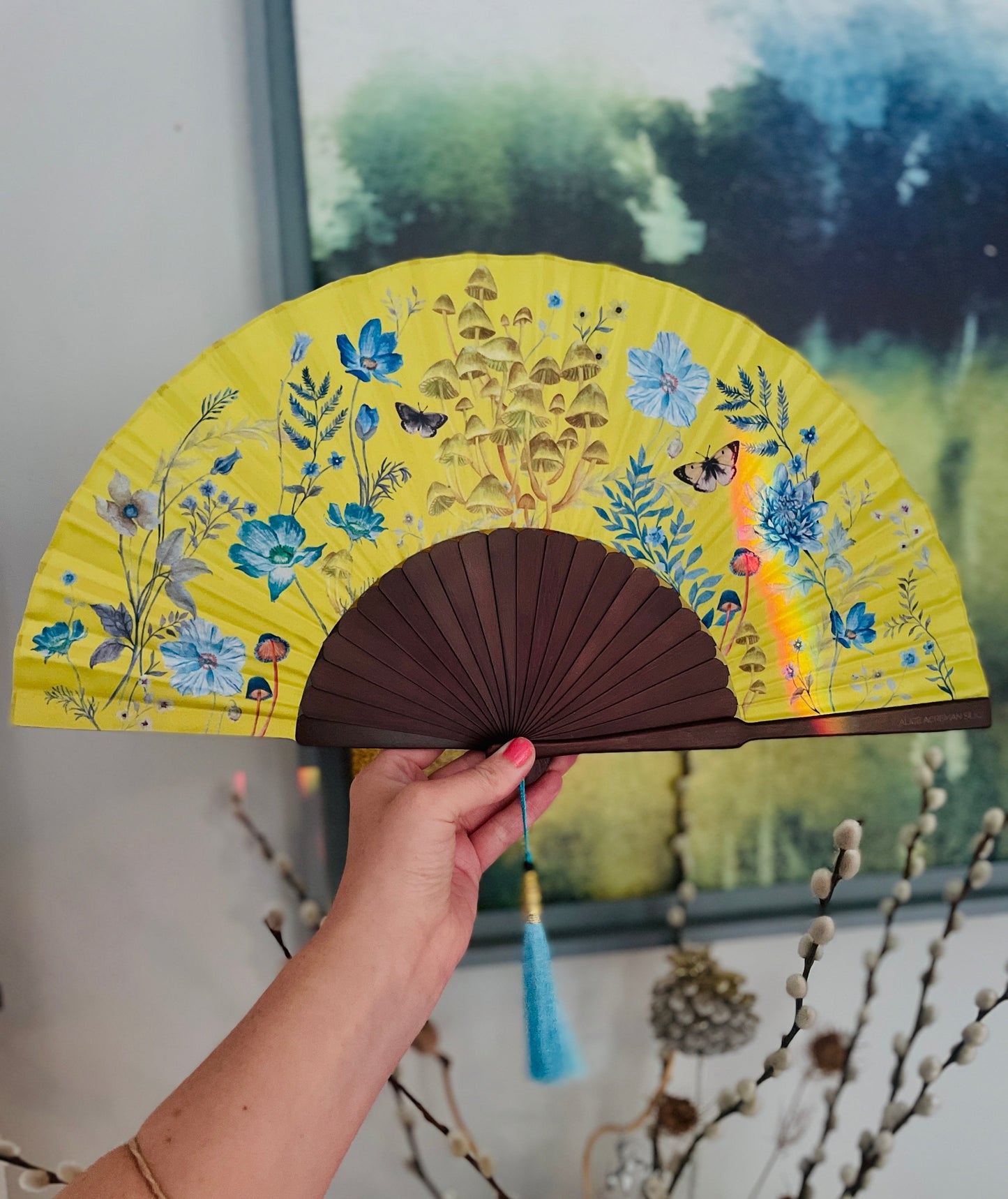 Bright yellow  'Luciferin' silk folding hand fan with flowers and mushroom painted artwork