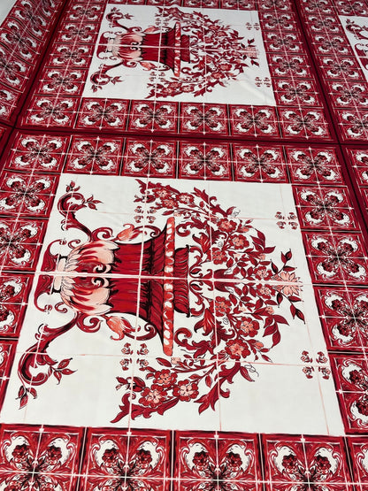Red Baroque Floral Vase Crepe Fabric by the Metre – Mediterranean Style
