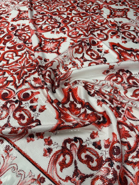 Red Baroque Sequin Fabric for Occasion Wear