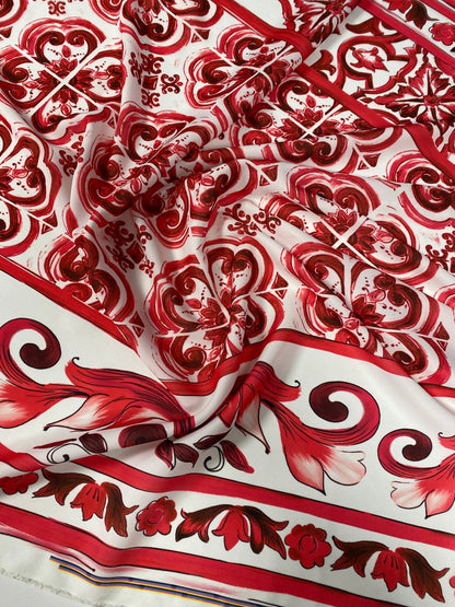 Red Baroque Tile Crepe Fabric by the Metre – Ornamental