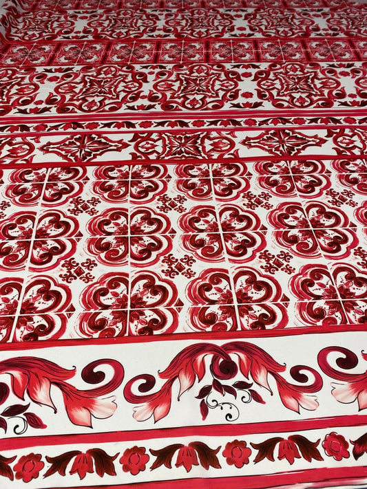 Red Baroque Tile Crepe Fabric by the Metre – Ornamental