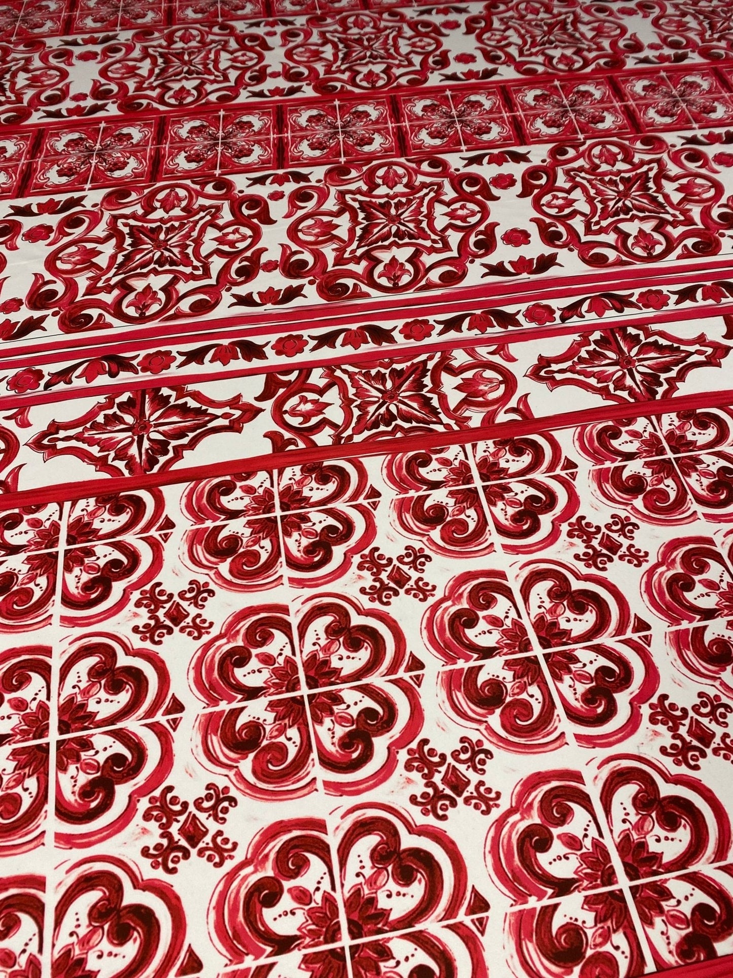 Red Baroque Tile Crepe Fabric by the Metre – Ornamental
