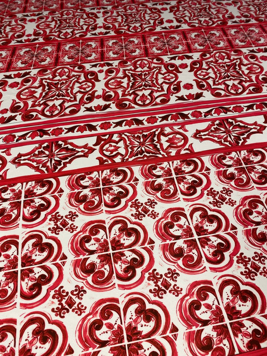 Red Baroque Tile Crepe Fabric by the Metre – Ornamental