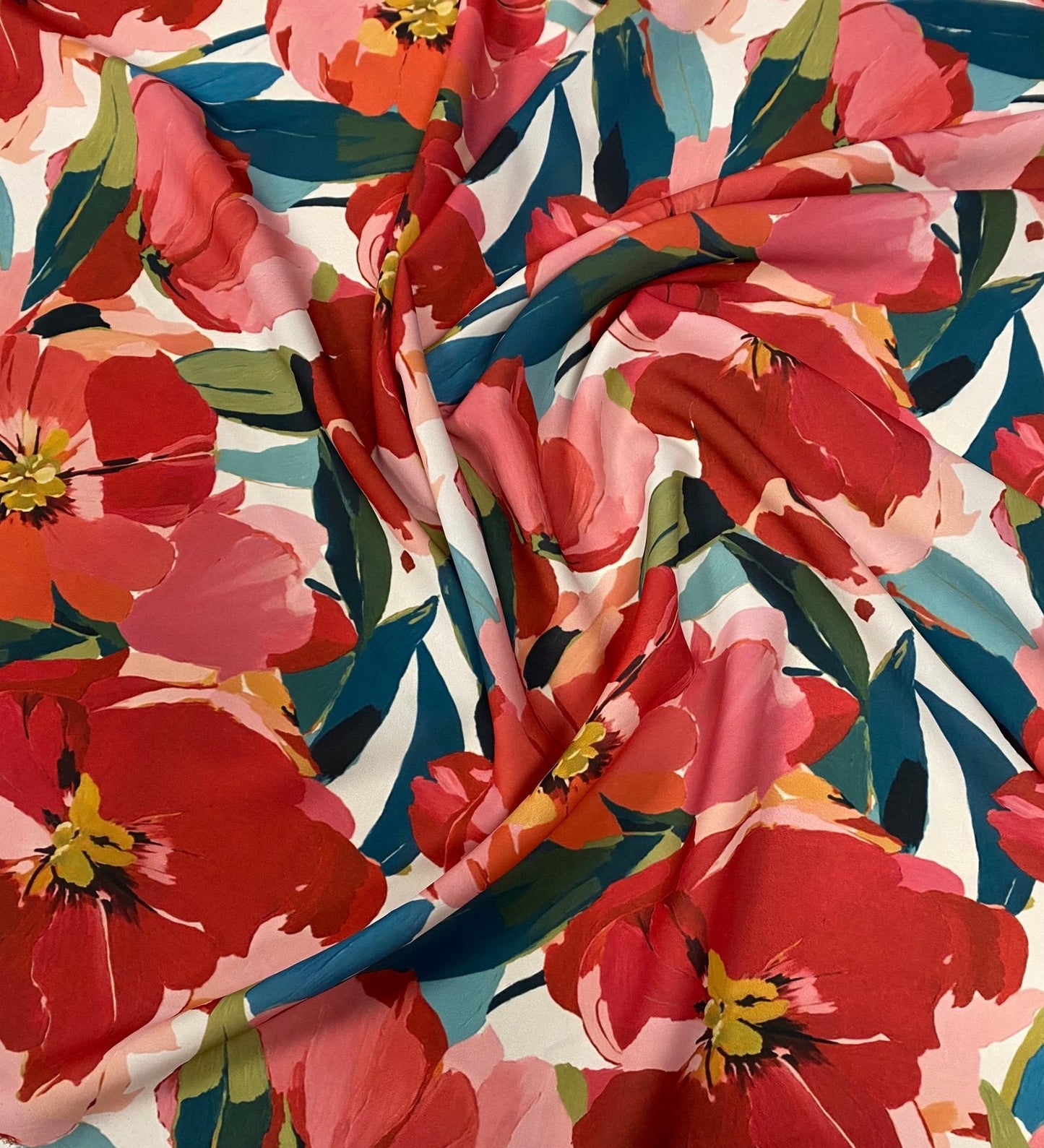 Red Floral Fabric – Available in Satin, Crepe, Spandex & Chiffon | By Metre