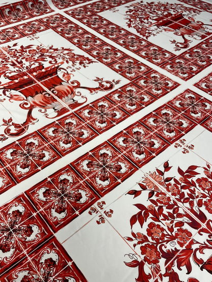 Red Floral Tile Crepe Fabric by the Metre – Elegant Design