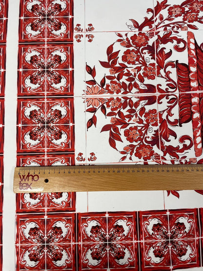 Red Floral Tile Crepe Fabric by the Metre – Elegant Design