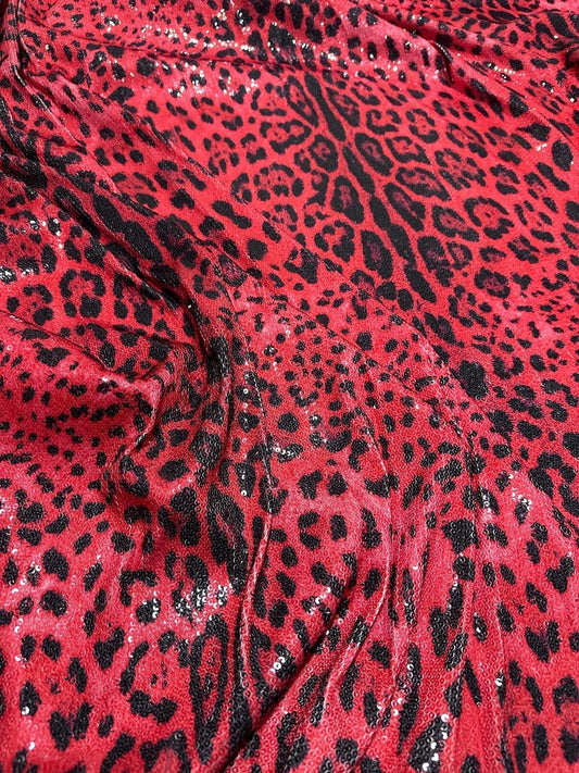 Red Leopard Sequin Fabric, 2- Way Stretch Sequin Fabric By The Yard