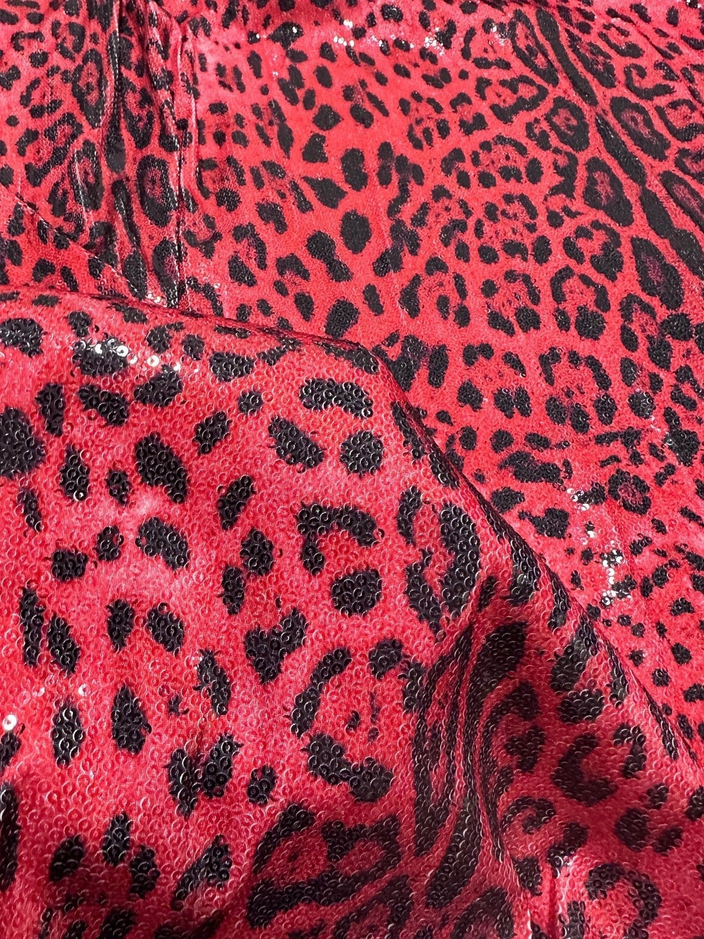 Red Leopard Sequin Fabric, 2- Way Stretch Sequin Fabric By The Yard