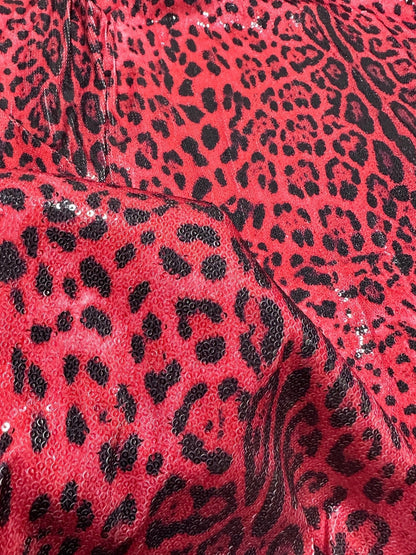 Red Leopard Sequin Fabric, 2- Way Stretch Sequin Fabric By The Yard