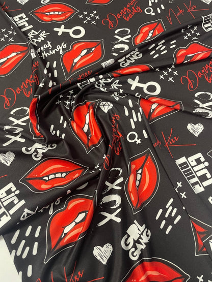 Red Lips Print Spandex Fabric by the Metre – Black Base