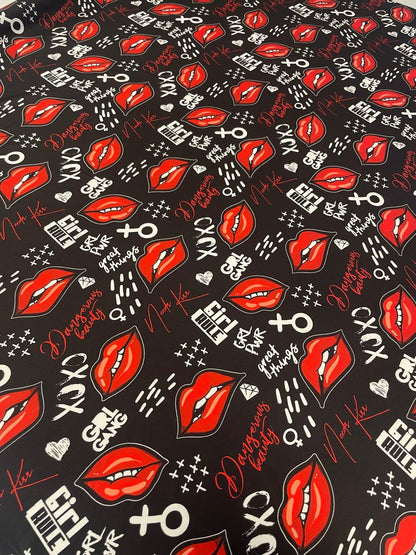 Red Lips Print Spandex Fabric by the Metre – Black Base