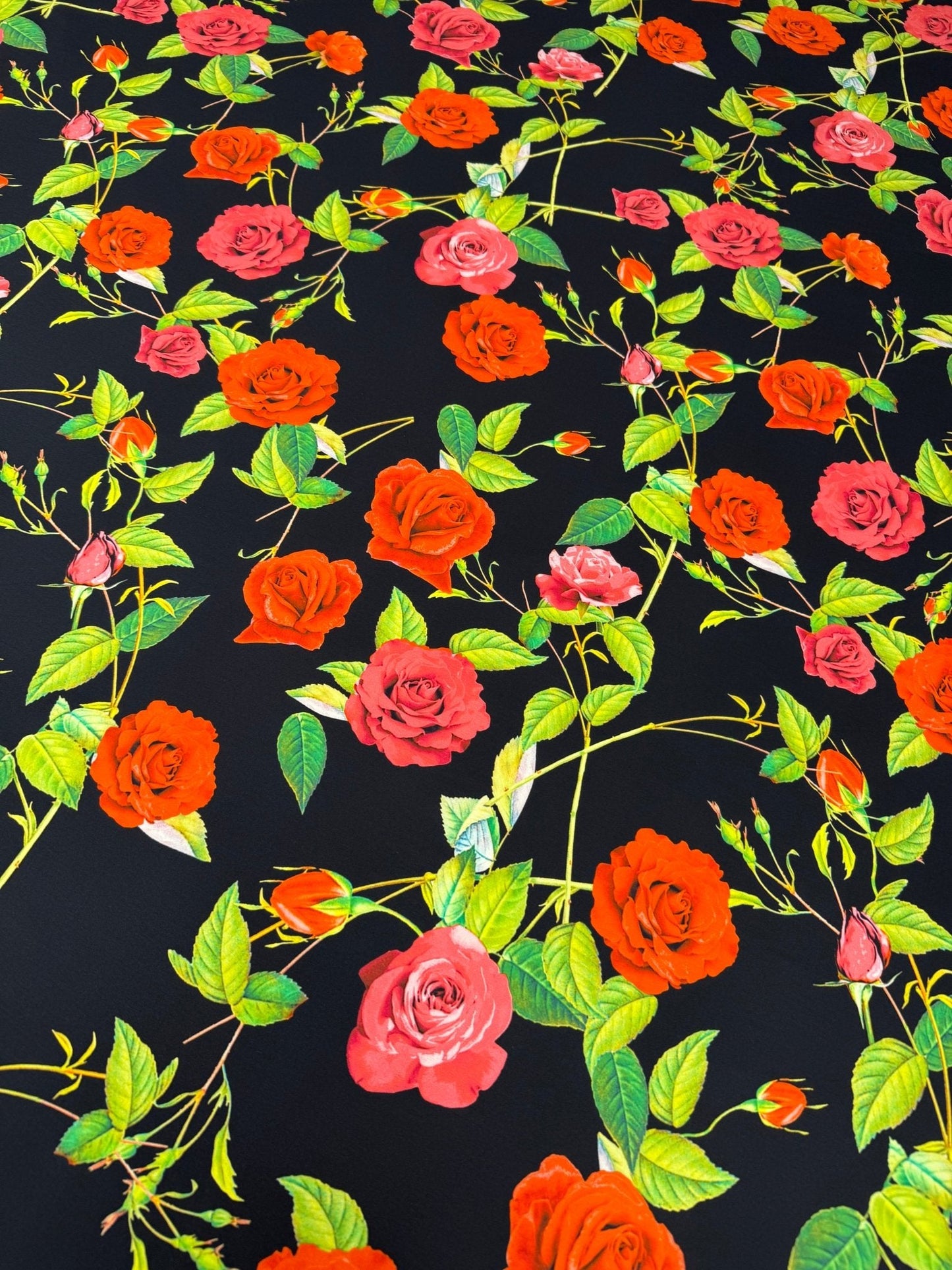 Red & Pink Roses on Black Organic Cotton Poplin Fabric by the Metre