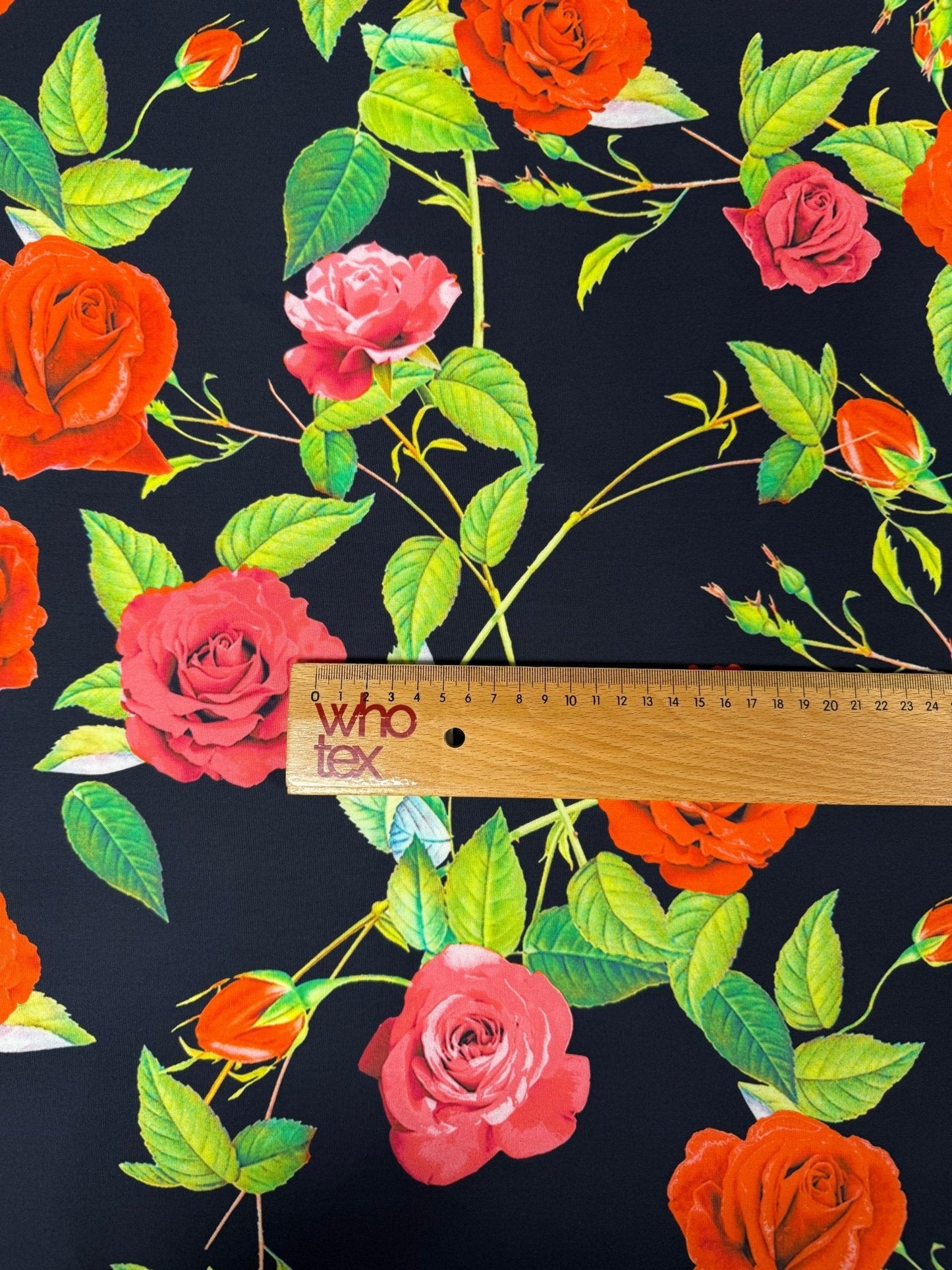 Red & Pink Roses on Black Organic Cotton Poplin Fabric by the Metre