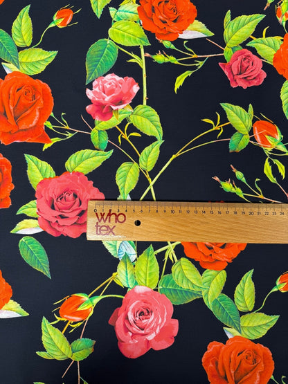 Red & Pink Roses on Black Organic Cotton Poplin Fabric by the Metre