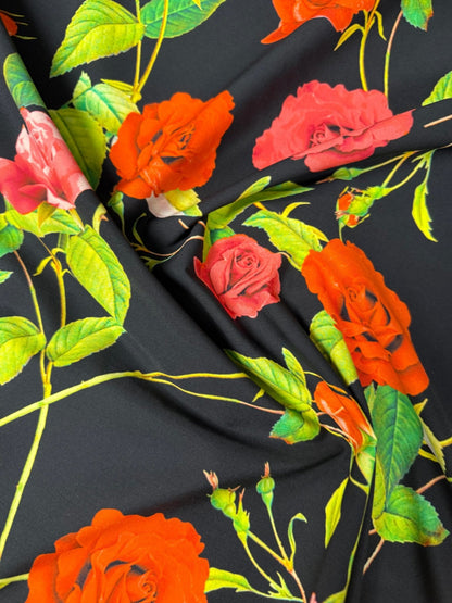 Red & Pink Roses on Black Organic Cotton Poplin Fabric by the Metre