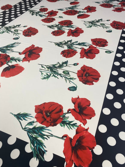 Red Poppy Floral Fabric With Polka Dot Border