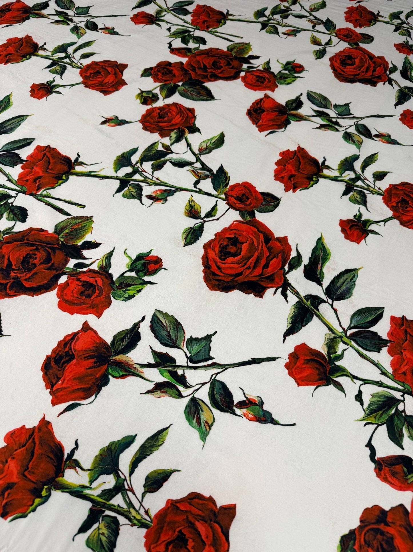 Red Rose Floral on White Organic Cotton Poplin Fabric by the Metre