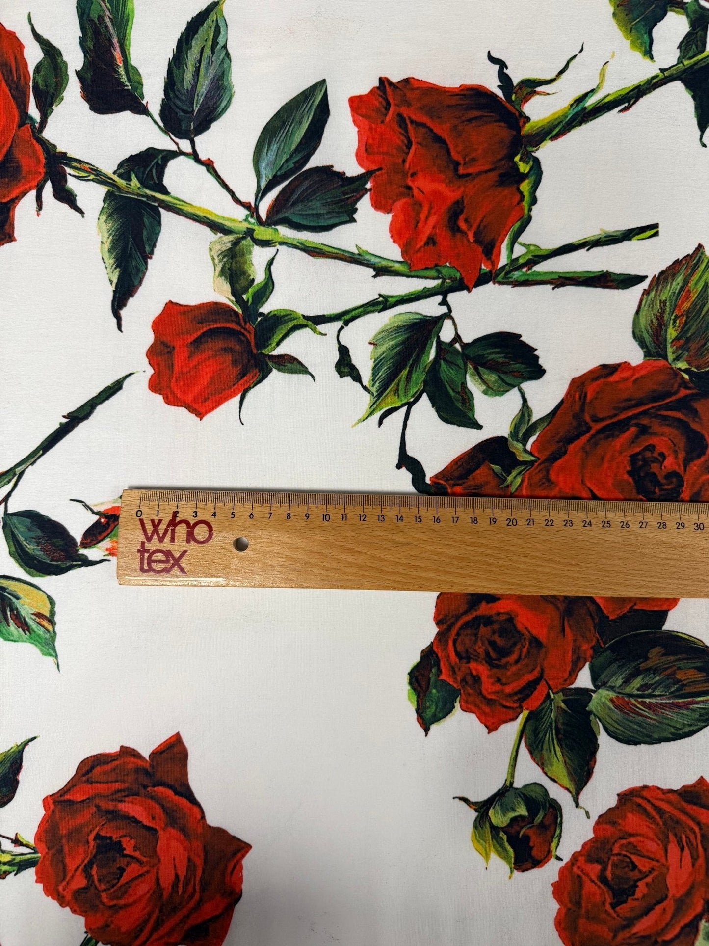 Red Rose Floral on White Organic Cotton Poplin Fabric by the Metre