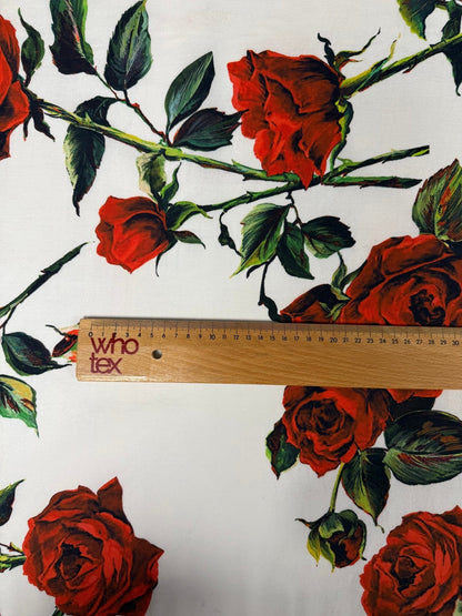 Red Rose Floral on White Organic Cotton Poplin Fabric by the Metre