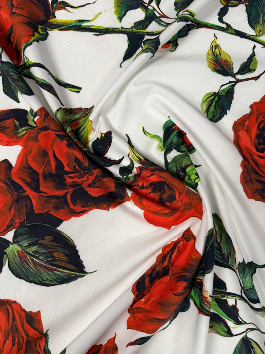 Red Rose Floral on White Organic Cotton Poplin Fabric by the Metre