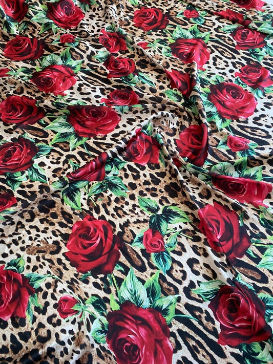 Leopard and Red Rose Pattern Fabric – Multiple Fabric Options, Sold by Metre