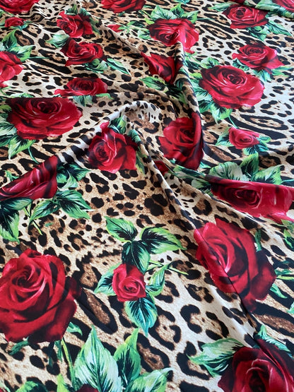Leopard and Red Rose Pattern Fabric