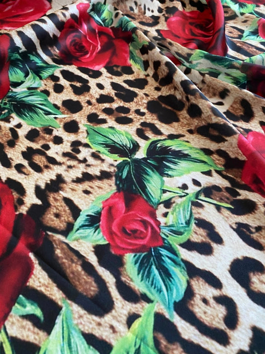 Leopard and Red Rose Pattern Fabric