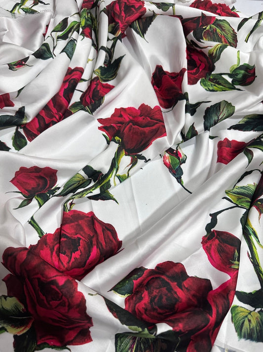 Red Rose Pattern White Fabric