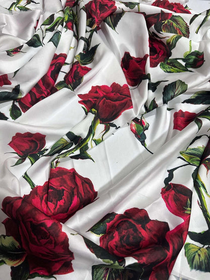 Red Rose Pattern White Fabric – Fabric by Metre, Options: Satin, Crepe, Spandex, Chiffon